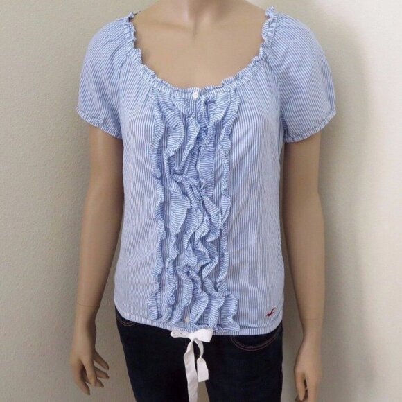 Hollister Womens Ruffle Top Size Small Shirt Blouse Striped Blue & White Bow - Picture 1 of 5